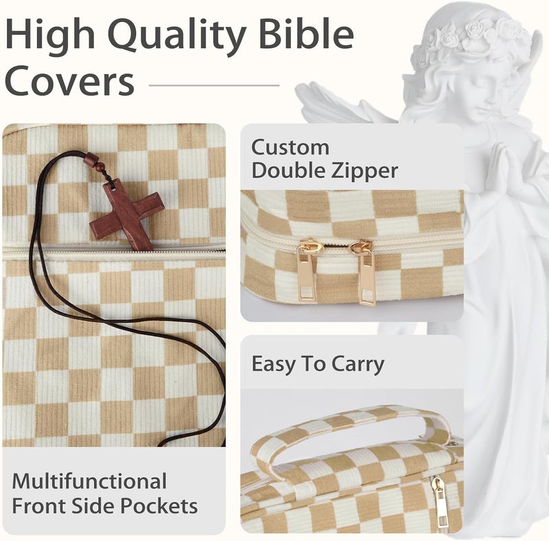 YKFLY Bible Cover Case for Women Corduroy Bible Case for Girls Checkered Large Bible Cover with Handle Bible Study Supplies Accessories Christian Gifts for Women (Khaki, Medium) - Image 5